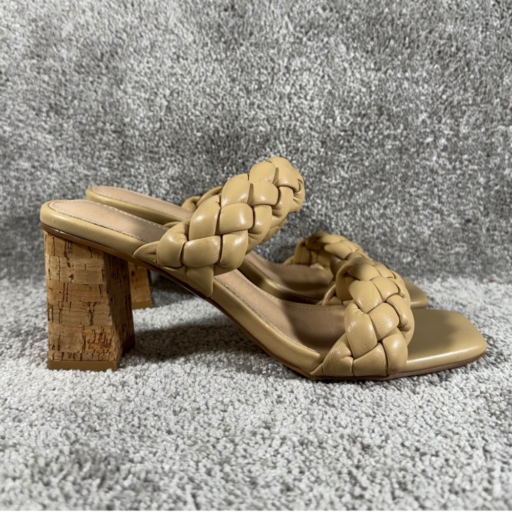 Braided Block Heel Sandals Slip On Square Open Toe Mules‎ Strappy Taupe Womens 7